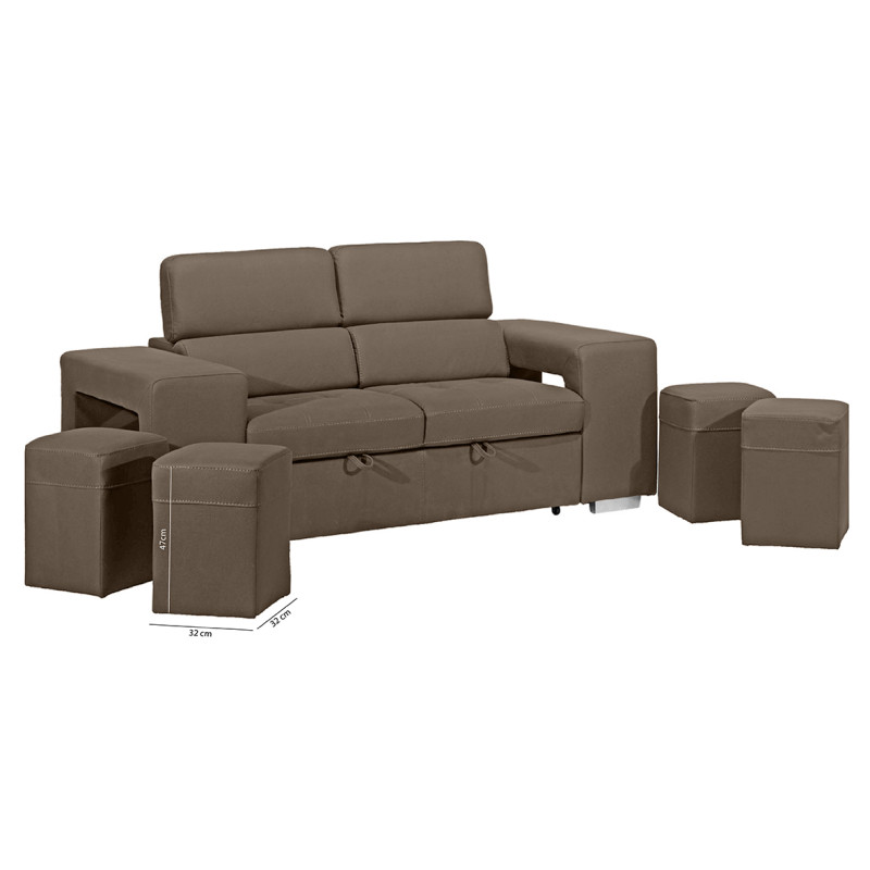 Canapé 3 Places Convertible en Tissu Taupe Microfibre doux Surpiqûres et Têtières Réglables - VEGAS