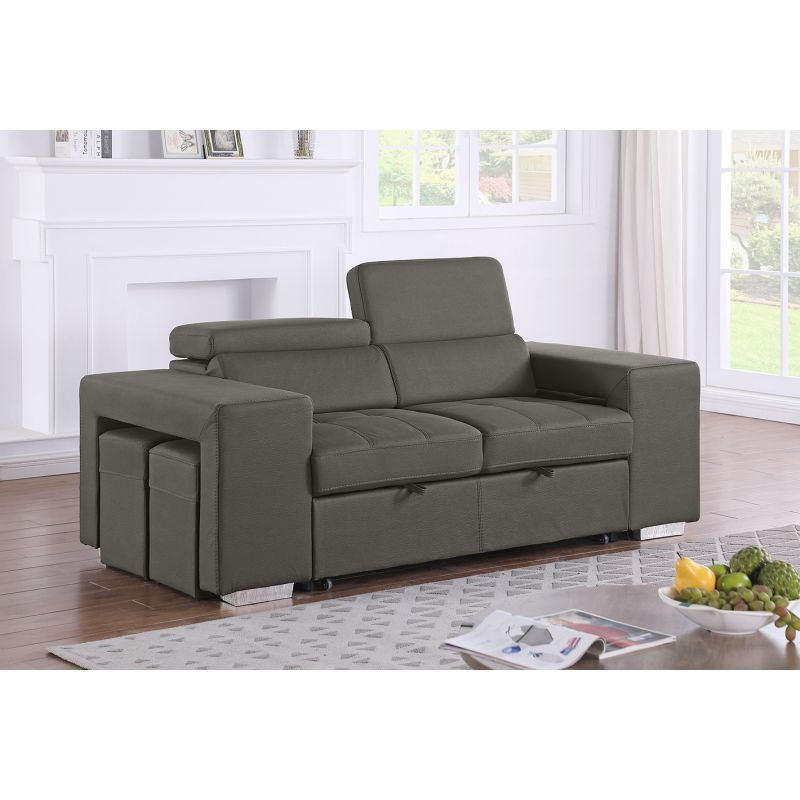 Canapé 3 Places Convertible en Tissu Doux Gris Microfibre Surpiqûres et Têtières Réglables - VEGAS