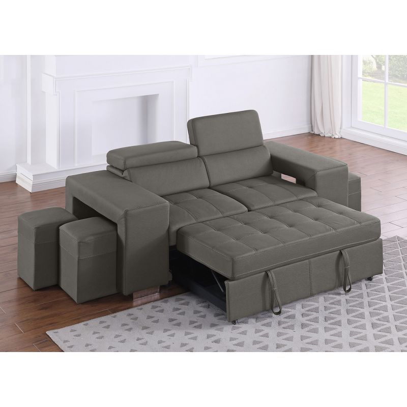 Canapé 3 Places Convertible en Tissu Doux Gris Microfibre Surpiqûres et Têtières Réglables - VEGAS