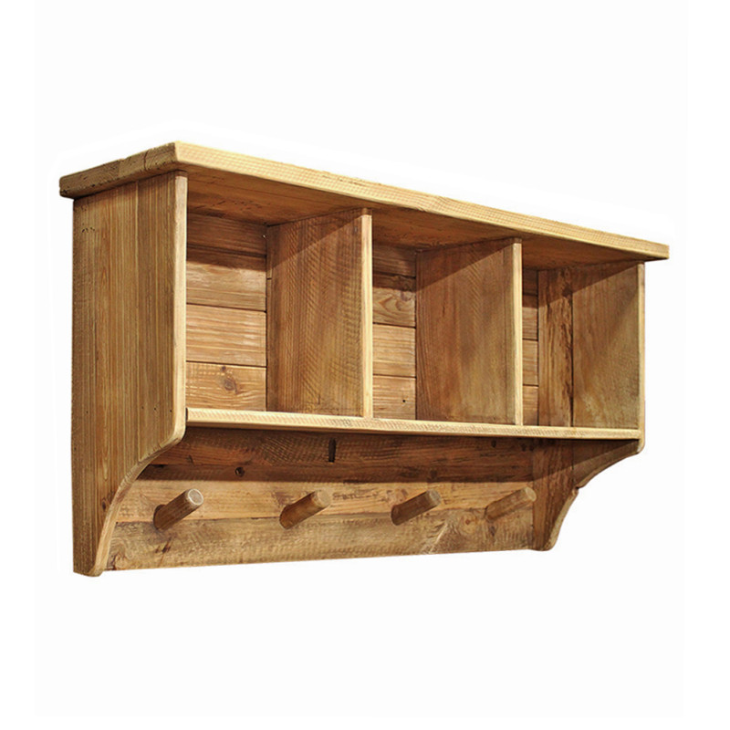 Étagère Murale L. 67 cm en Bois de Pin Recyclé 3 Niches et 4 patères Accroches Portes Manteaux - CHALET