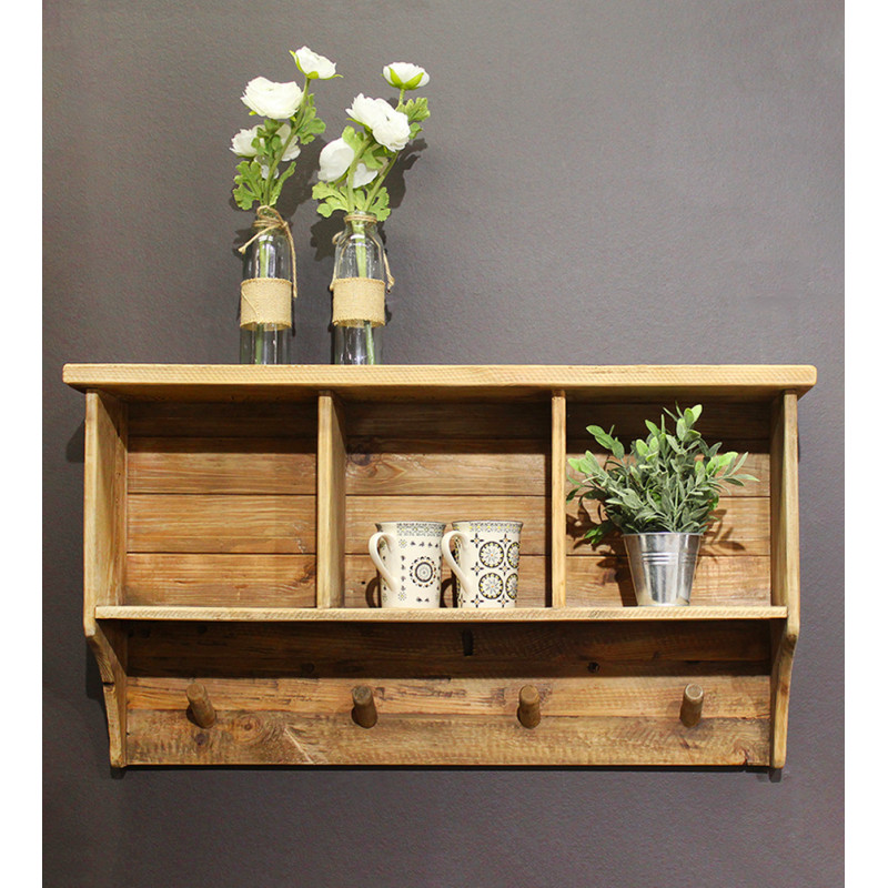 Étagère Murale L. 67 cm en Bois de Pin Recyclé 3 Niches et 4 patères Accroches Portes Manteaux - CHALET