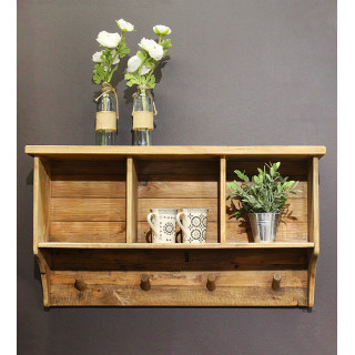 Étagère Murale L. 67 cm en Bois de Pin Recyclé 3 Niches et 4 patères Accroches Portes Manteaux - CHALET