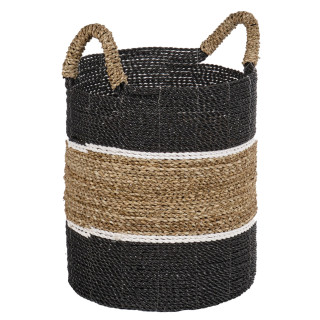 Petit Panier Rond D. 29 cm en Jonc de Mer Naturel avec Raphia Noir et Blanc - BOGO