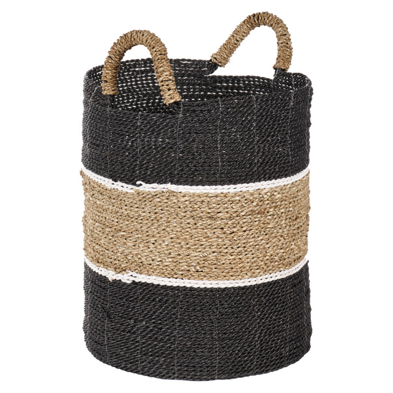 Panier Rond D. 34 cm en Jonc de Mer Naturel avec Raphia Noir et Blanc - BOGO