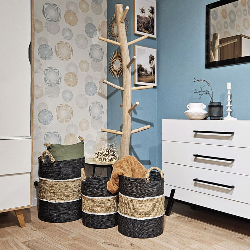Panier Rond D. 34 cm en Jonc de Mer Naturel avec Raphia Noir et Blanc - BOGO