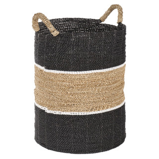 Grand Panier Rond D. 41 cm en Jonc de Mer Naturel avec Raphia Noir et Blanc - BOGO
