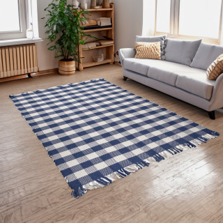 Tapis 120 x 180 cm rectangulaire en coton brodé carreaux bleu et blanc et avec franges - ATLAS