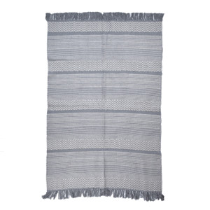 Tapis 120 x 180 cm rectangulaire en coton brodé lignes et chevrons gris clair et avec franges - FLICKER