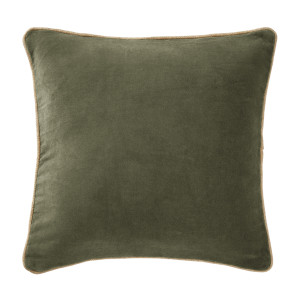 Coussin Carré 45 x 45 cm en Velours de Coton Vert Déhoussable avec Passepoil en Jute - MIRABEL