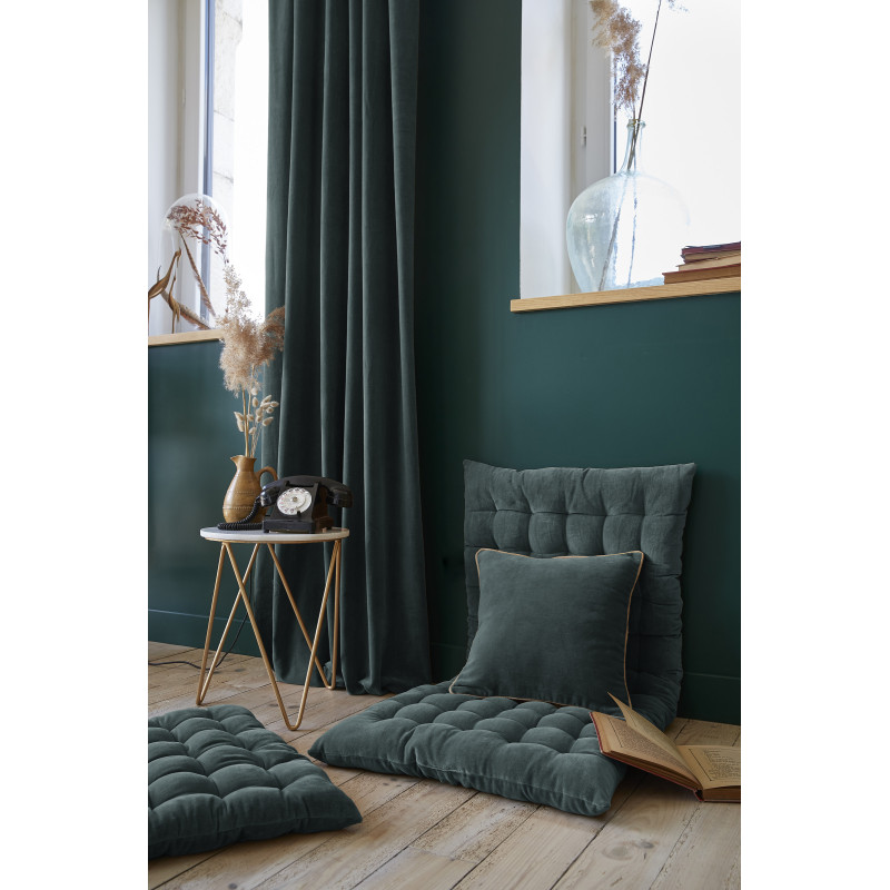 Coussin Carré 45 x 45 cm en Velours de Coton Bleu Canard Déhoussable avec Passepoil Jute - MIRABEL
