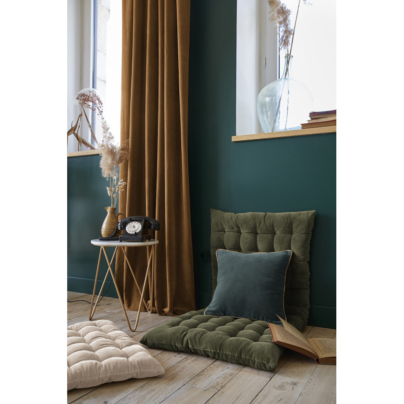 Coussin Carré 45 x 45 cm en Velours de Coton Bleu Canard Déhoussable avec Passepoil Jute - MIRABEL