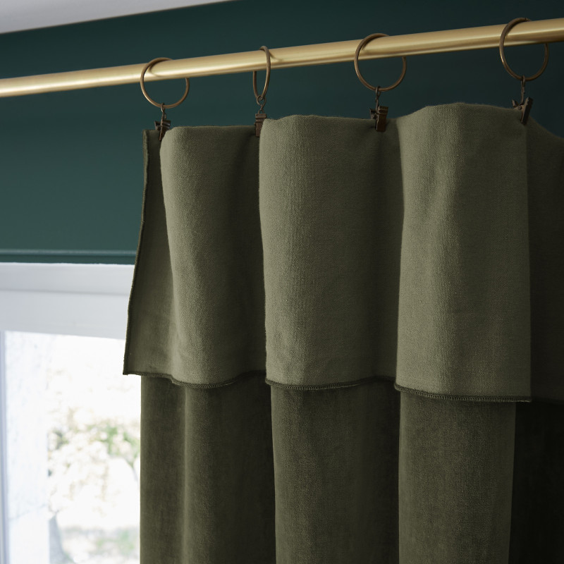 Rideau Ajustable 140 x 270 cm en Velours de Coton Vert avec 8 Anneaux à Pince en Métal Couleur Argent Antique - MIRABEL