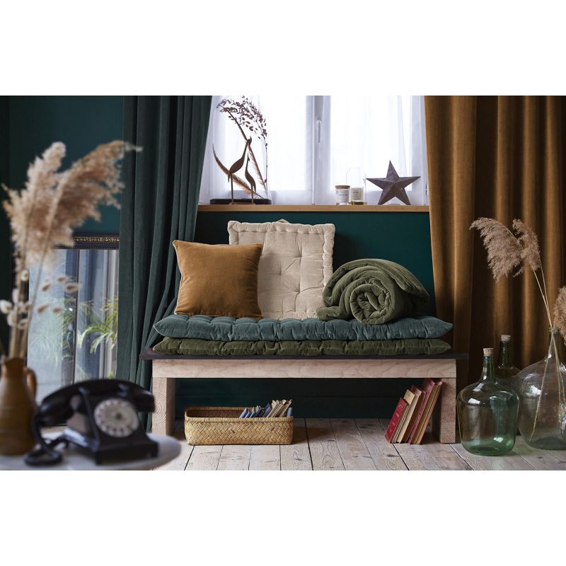 Rideau Ajustable 140 x 270 cm en Velours de Coton Camel avec 8 Anneaux à Pince en Métal Couleur Argent Antique - MIRABEL
