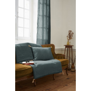 Coussin 40 x 60 cm en Lin Lavé Bleu Housse Déhoussable avec 4 Nouettes en Jute - LUISA