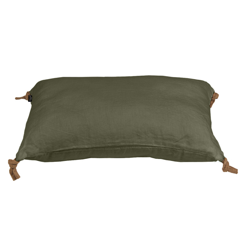 Coussin 40 x 60 cm en Lin Lavé Vert Housse Déhoussable avec 4 Nouettes en Jute - LUISA