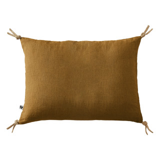 Coussin 40 x 60 cm en Lin Lavé Caramel Housse Déhoussable avec 4 Nouettes en Jute - LUISA
