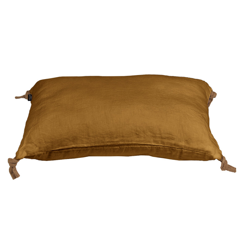 Coussin 40 x 60 cm en Lin Lavé Caramel Housse Déhoussable avec 4 Nouettes en Jute - LUISA