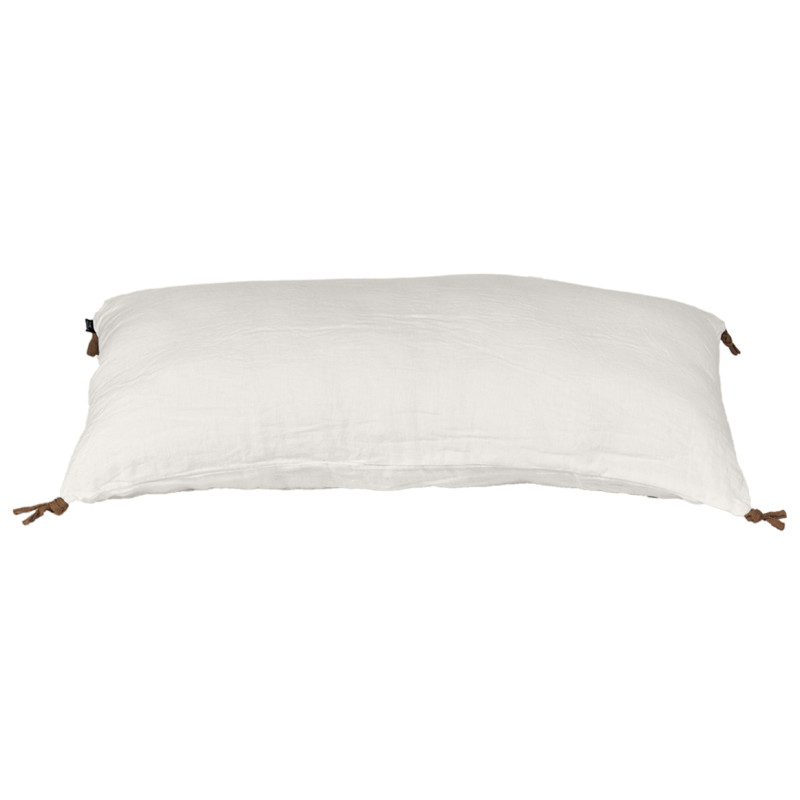 Coussin 55 x 110 cm en Lin Lavé Blanc Housse Déhoussable avec 4 Nouettes en Jute - LUISA