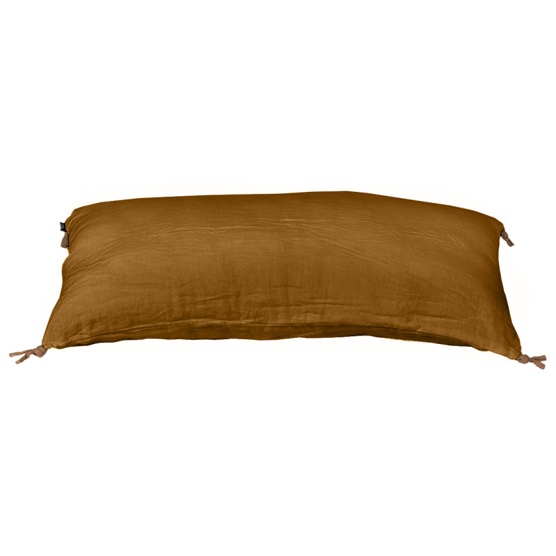 Coussin 55 x 110 cm en Lin Lavé Caramel Housse Déhoussable avec 4 Nouettes en Jute - LUISA