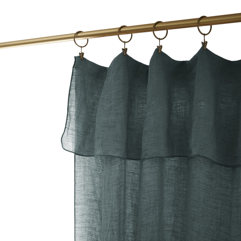 Rideau Ajustable 140 x 270 cm en Lin Lavé Bleu avec 8 Anneaux à Pince en Métal Couleur Argent Antique - LUISA