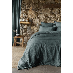 Rideau Ajustable 140 x 270 cm en Lin Lavé Bleu avec 8 Anneaux à Pince en Métal Couleur Argent Antique - LUISA