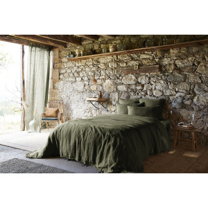 Rideau Ajustable 140 x 270 cm en Lin Lavé Vert avec 8 Anneaux à Pince en Métal Couleur Argent Antique - LUISA
