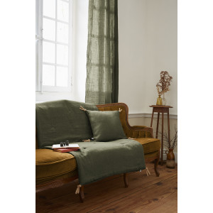 Rideau Ajustable 140 x 270 cm en Lin Lavé Vert avec 8 Anneaux à Pince en Métal Couleur Argent Antique - LUISA