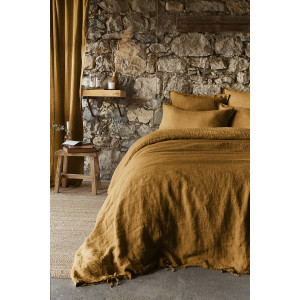 Rideau Ajustable 140 x 270 cm en Lin Lavé Caramel avec 8 Anneaux à Pince en Métal Couleur Argent Antique - LUISA