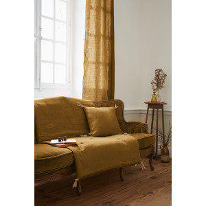 Rideau Ajustable 140 x 270 cm en Lin Lavé Caramel avec 8 Anneaux à Pince en Métal Couleur Argent Antique - LUISA