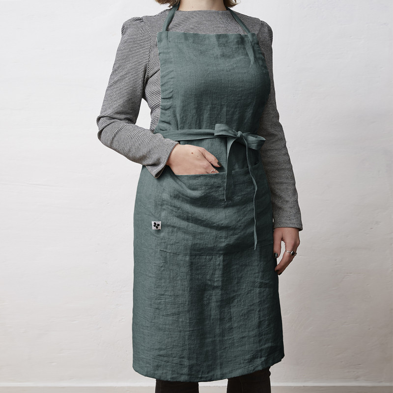Tablier Ajustable 70 x 85 cm en Lin Lavé Bleu avec Grande Poche et Lannière Coulissante - Linge de Table - LUISA