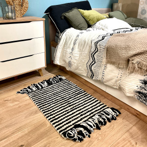 Tapis 60 x 80 cm en tissu texturé petits pompons tout doux avec franges bicolores - SOHO