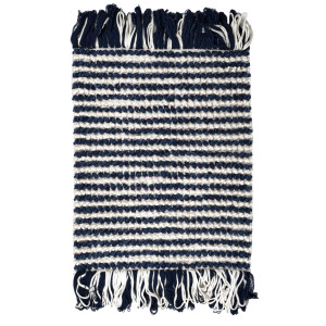 Tapis 60 x 80 cm en tissu texturé petits pompons tout doux bleu marine et blanc avec franges bicolores - SOHO
