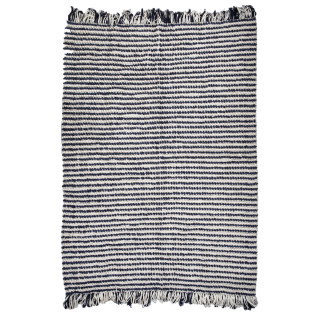 Tapis 160 x 230 cm en tissu texturé petits pompons tout doux bleu marine et blanc avec franges bicolores - SOHO
