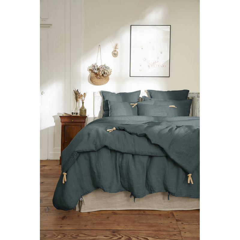 Lot de 2 Taies d'Oreillers 60 x 60 cm en Lin Lavé Bleu avec Ouverture Portefeuille - LUISA