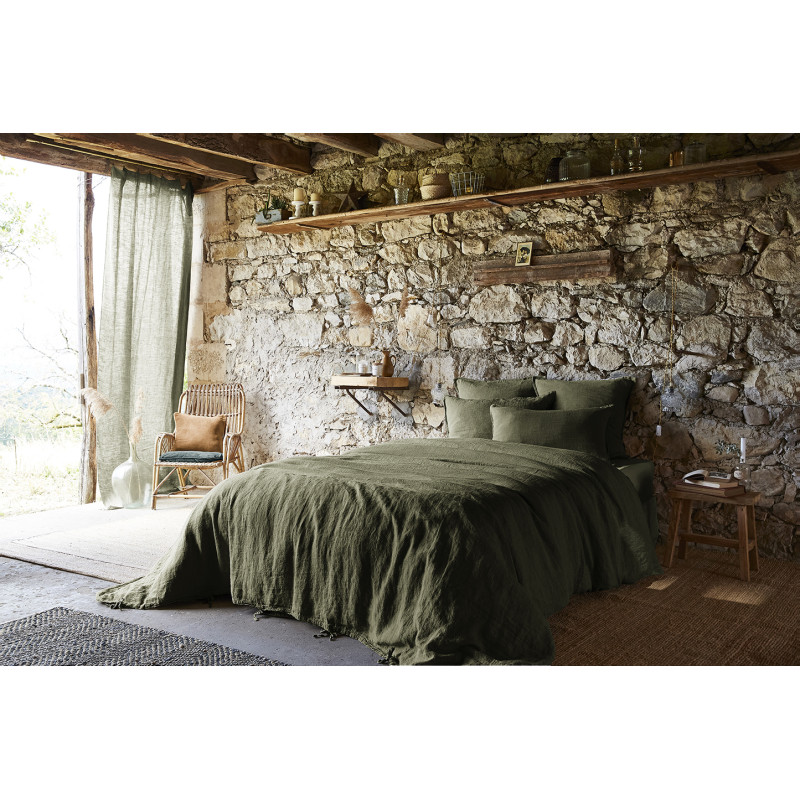 Drap Housse 160 x 200 cm en Lin Lavé Vert avec Hauteur de Bonnet 30 cm - Linge de Lit - LUISA