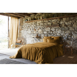 Drap Housse 140 x 190 cm en Lin Lavé Caramel avec Hauteur de Bonnet 30 cm - Linge de Lit - LUISA