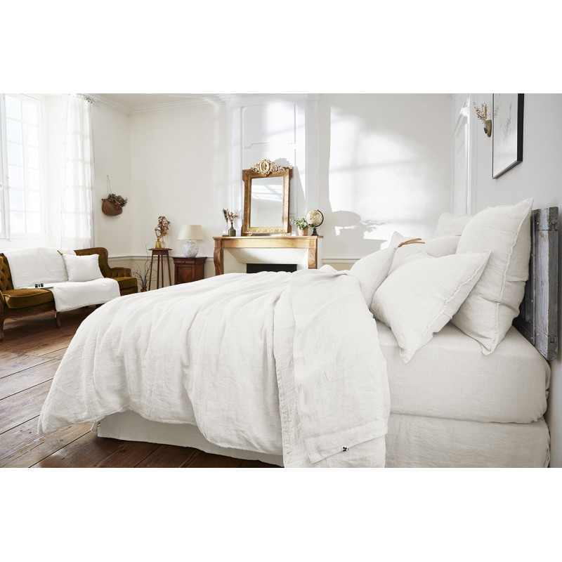 Housse de Couette 220 x 240 cm en Lin Lavé Blanc avec Ouverture à Nouettes - Linge de Lit - LUISA