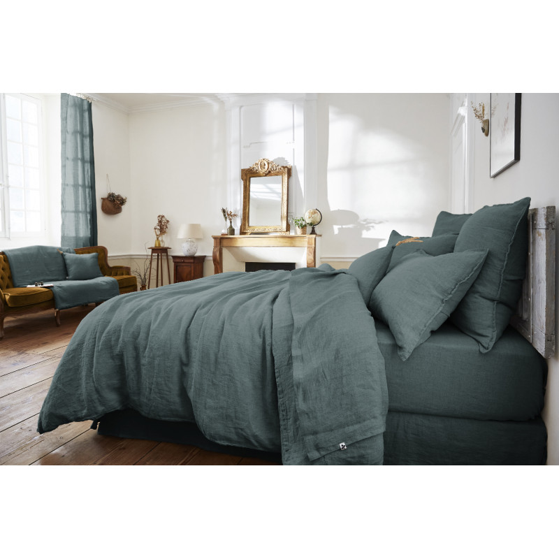 Housse de Couette 220 x 240 cm en Lin Lavé Bleu avec Ouverture à Nouettes - Linge de Lit - LUISA
