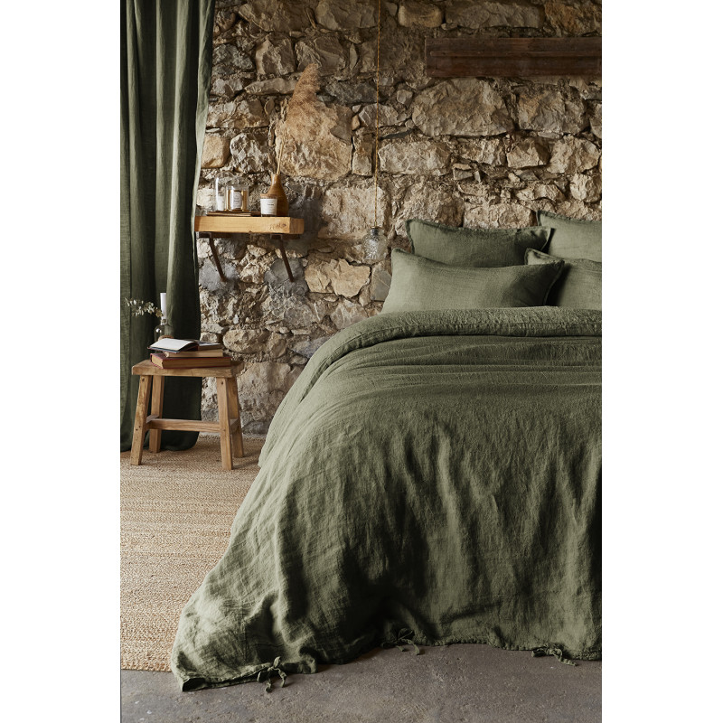 Housse de Couette 260 x 240 cm en Lin Lavé Vert avec Ouverture à Boutonnières - LUISA
