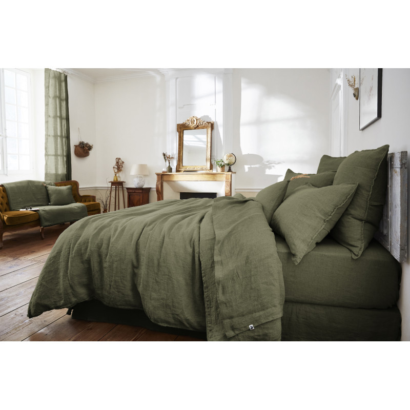 Housse de Couette 260 x 240 cm en Lin Lavé Vert avec Ouverture à Boutonnières - LUISA