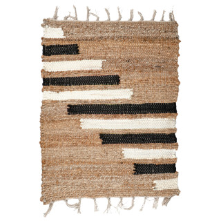Tapis 50 x 70 cm tressé en jute avec motifs géométriques noir et blanc et franges fines - DUNE