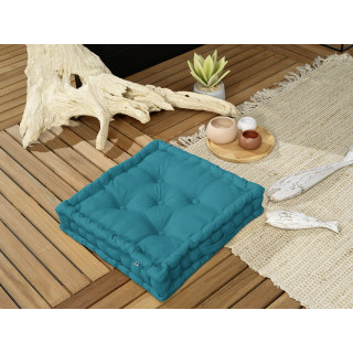 Coussin de Sol Carré 50 x 50 cm Capitonnés et Matelassé en Coton Bleu - DOLORES