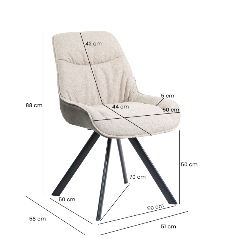 Chaise pivotante 180° en tissu écru et microfibre gris anthracite moelleuse pieds métal noir - JADEN