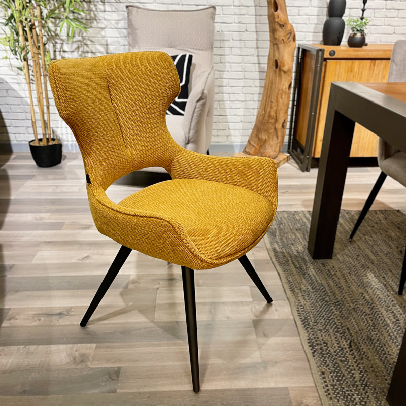 Chaise pivotante 180° en tissu doux jaune moutarde avec pieds métal noir évasés - SEVILLE