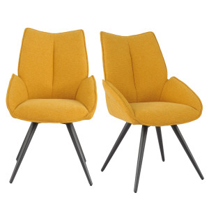 Lot de 2 chaises pivotantes 180° en tissu jaune  avec petits accoudoirs et pieds métal noir - PALOMA