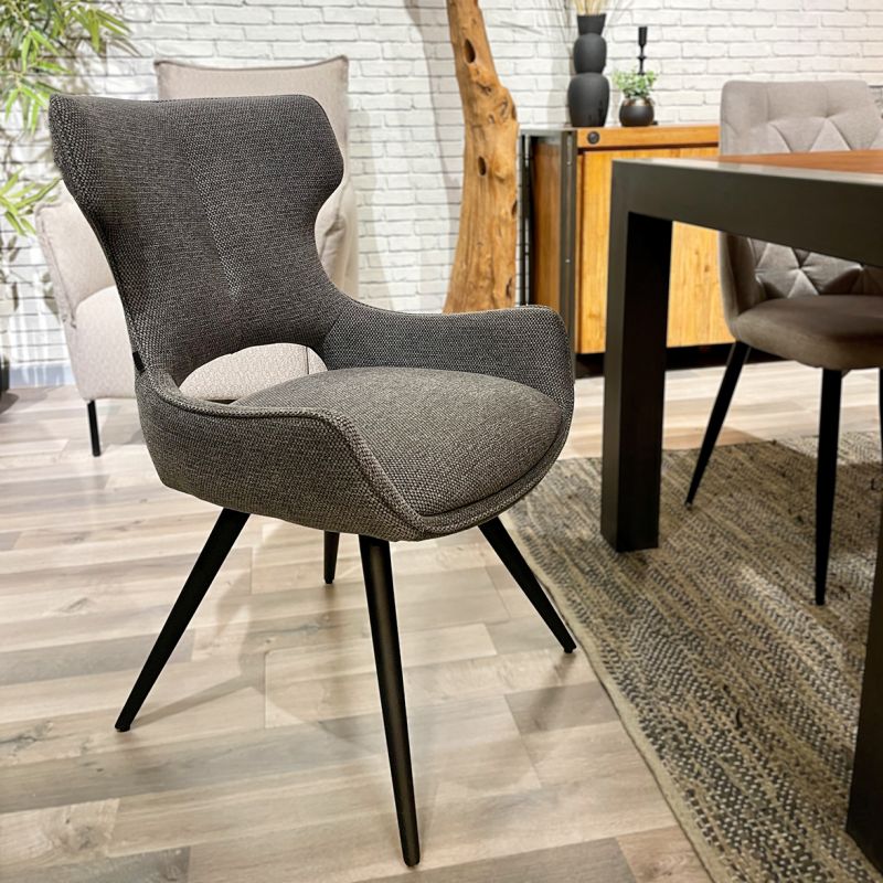 Lot de 2 chaises pivotantes 180° en tissu doux gris anthracite avec pieds métal noir évasés - SEVILLE