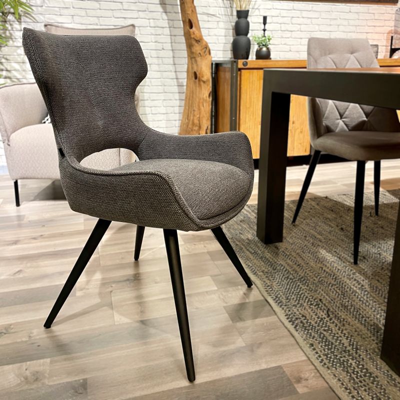 Lot de 2 chaises pivotantes 180° en tissu doux gris anthracite avec pieds métal noir évasés - SEVILLE