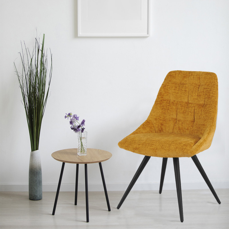 Chaise de Repas Rotative 180° Capitonnée en Tissu Chenille Doux Jaune avec Pieds en Métal Noir - ATLANTIS