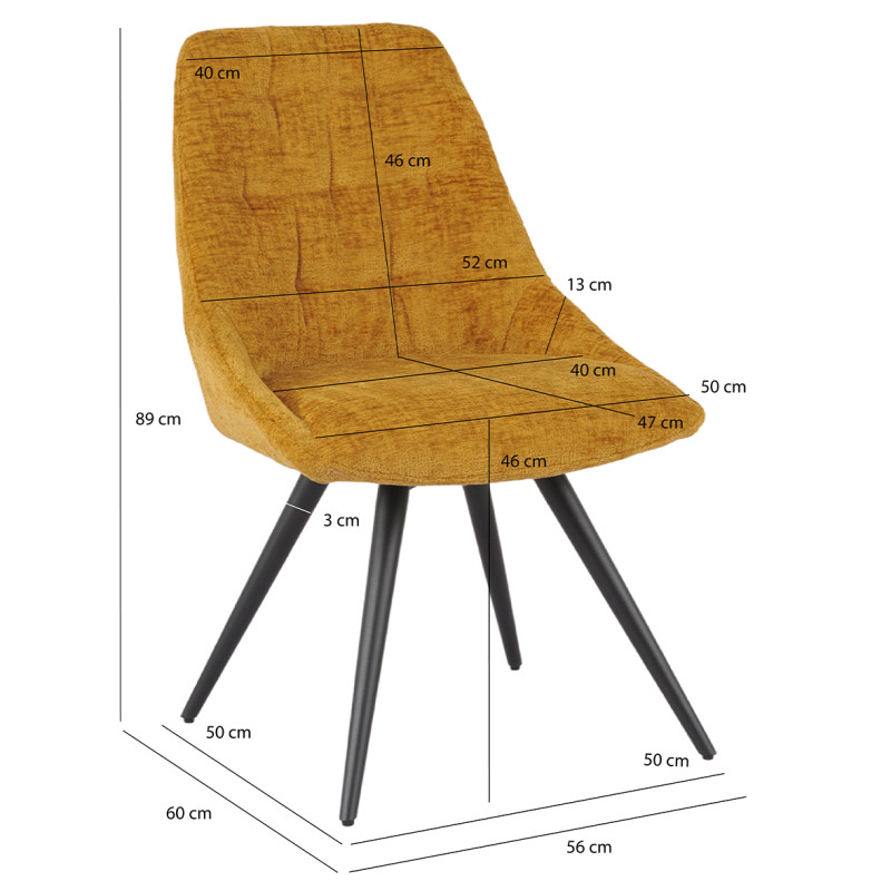 Chaise de Repas Rotative 180° Capitonnée en Tissu Chenille Doux Jaune avec Pieds en Métal Noir - ATLANTIS