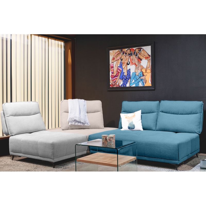 Pouf pour canapé modulable en tissu bleu pieds gris anthracite - GINA